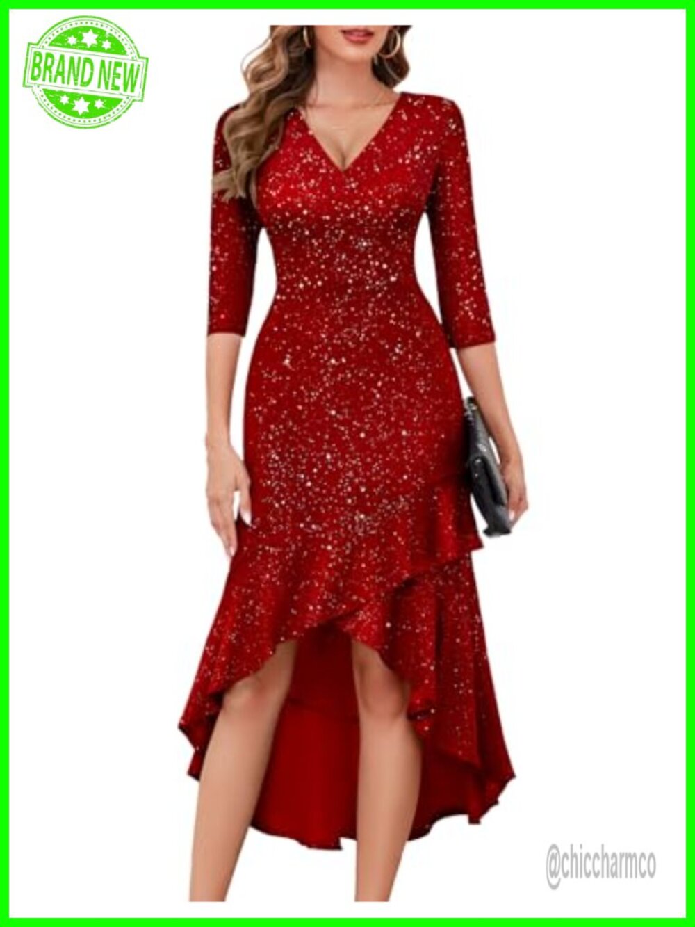 Women's Sequin V Neck 3/4 Sleeve Mermaid Formal Dress